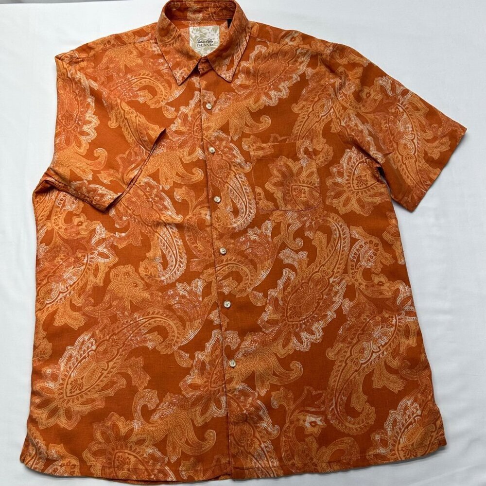 Tasso Elba Island Mens Orange Paisley Button-Down Shirt 75% Silk 25% Linen Short - Picture 6 of 16
